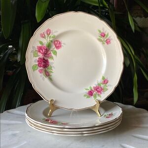 1940’s Set of 5 Royal Swan 8 7/8” Lunch Plates - Burslem Rose + 22K Gold Dishes
